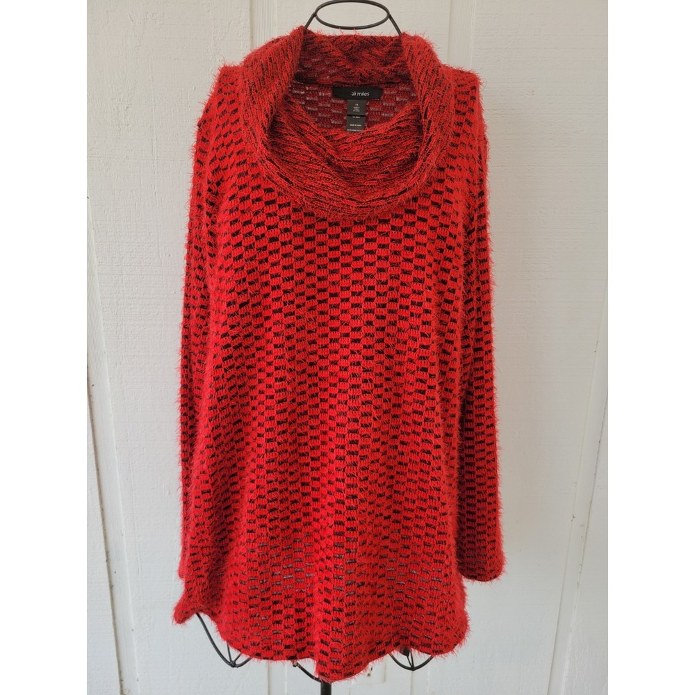 ALI MILES Cowl Neck Tunic Sweater Size 1X Soft Fuzzy Eyelash New Plus Red Black